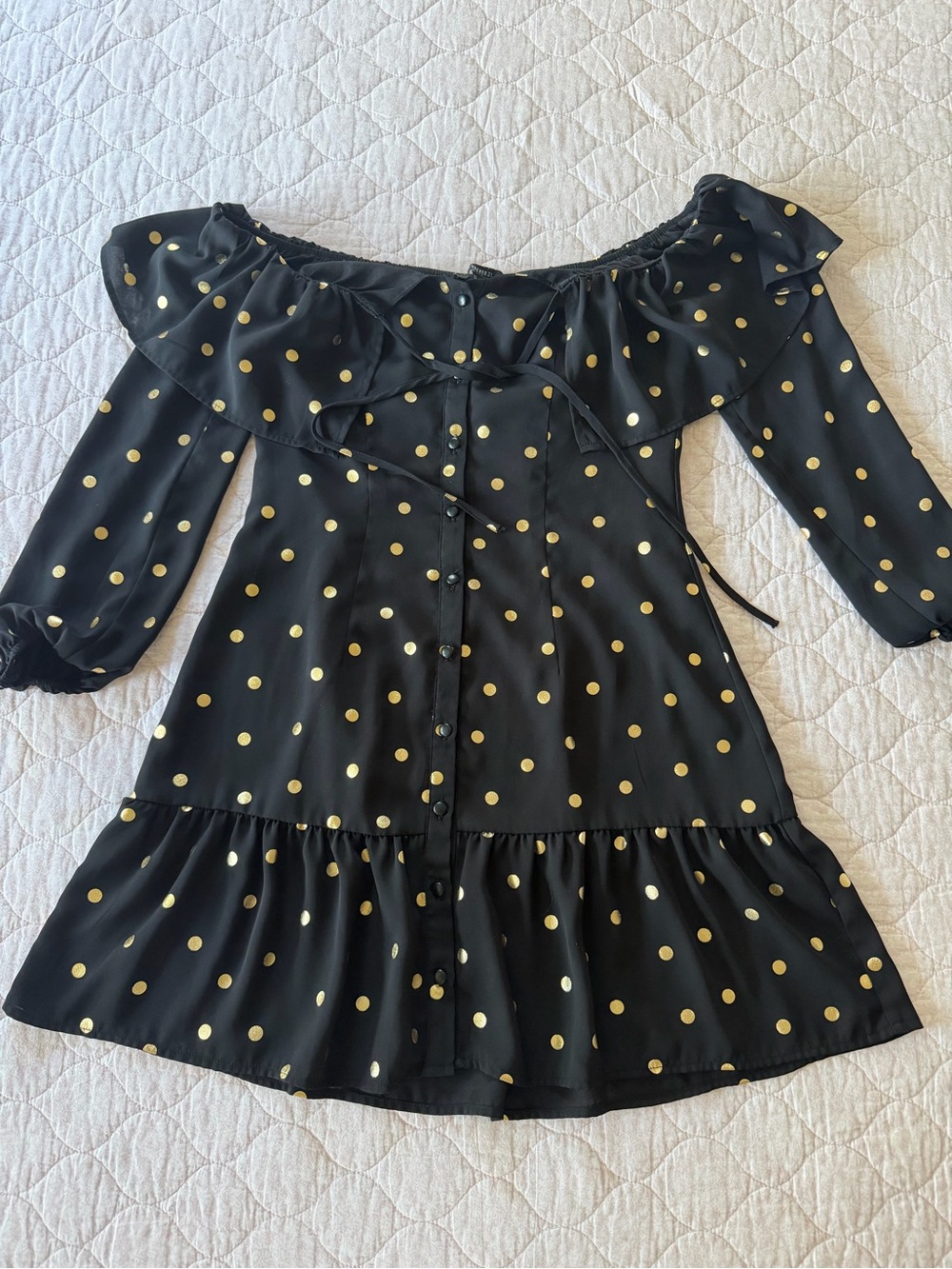 Forever 21 Black Dress with Gold Polka Dots and Ruffle Neckline